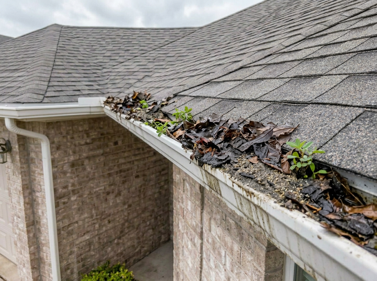 Roof gutter packed with wet leaves and debris