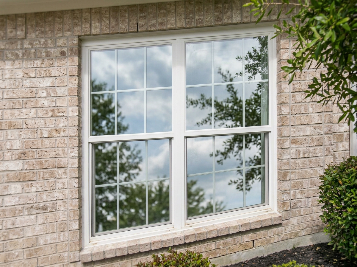 Spotless residential window glass reflecting blue sky