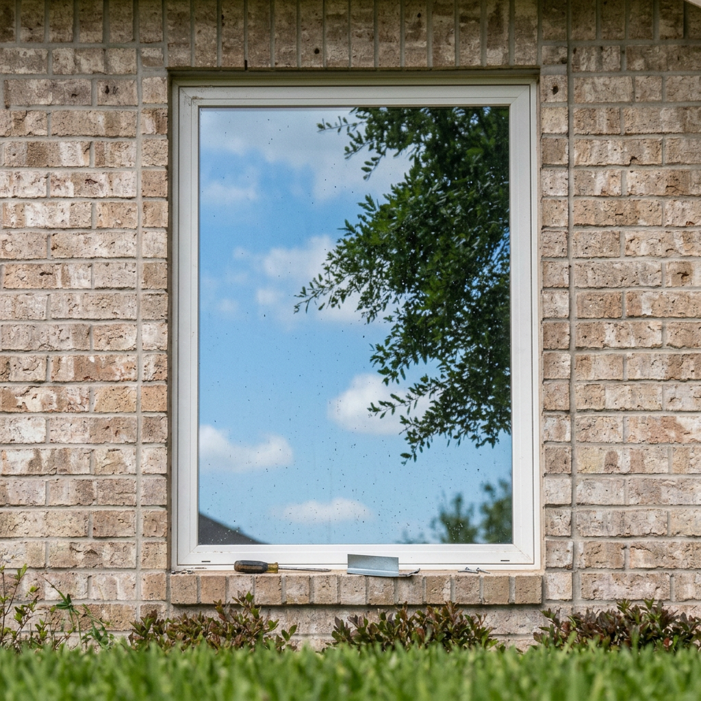 Clean glass patio doors reflecting a bright sky