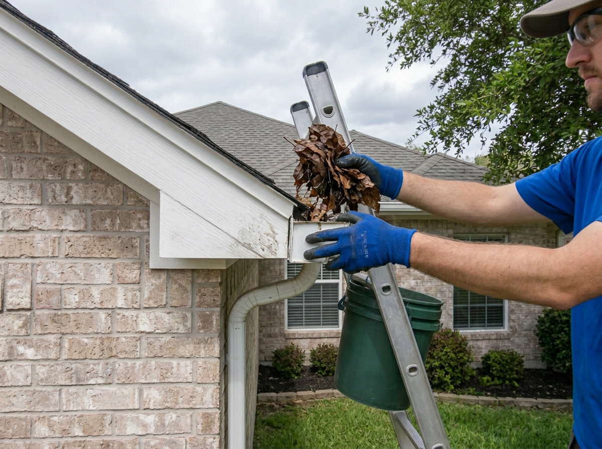 Gloved hands removing leaves from a roof gutter