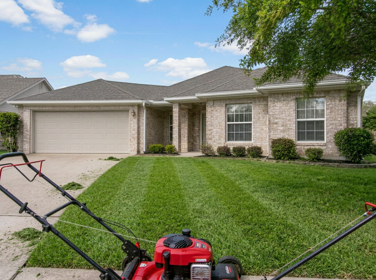Mower cutting crisp stripes into a green lawn