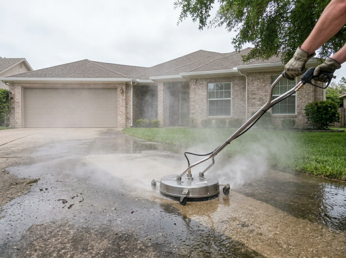 Pressure washer removing grime from a concrete patio