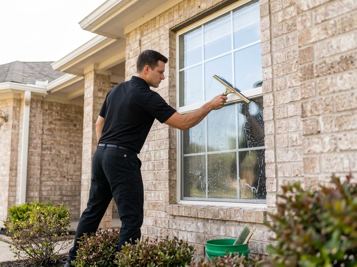 Squeegee gliding across a clean residential window