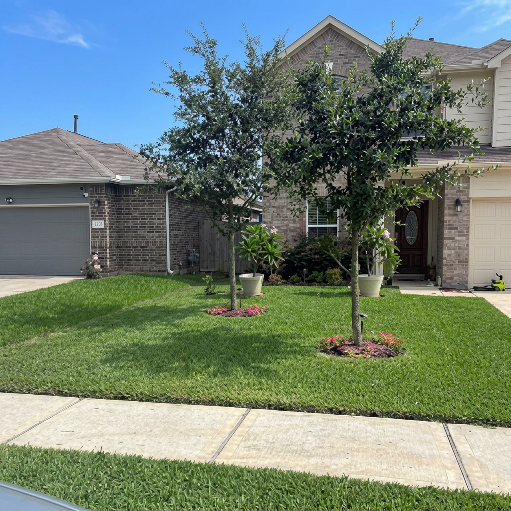 Freshly mowed front lawn at a Houston-area brick home