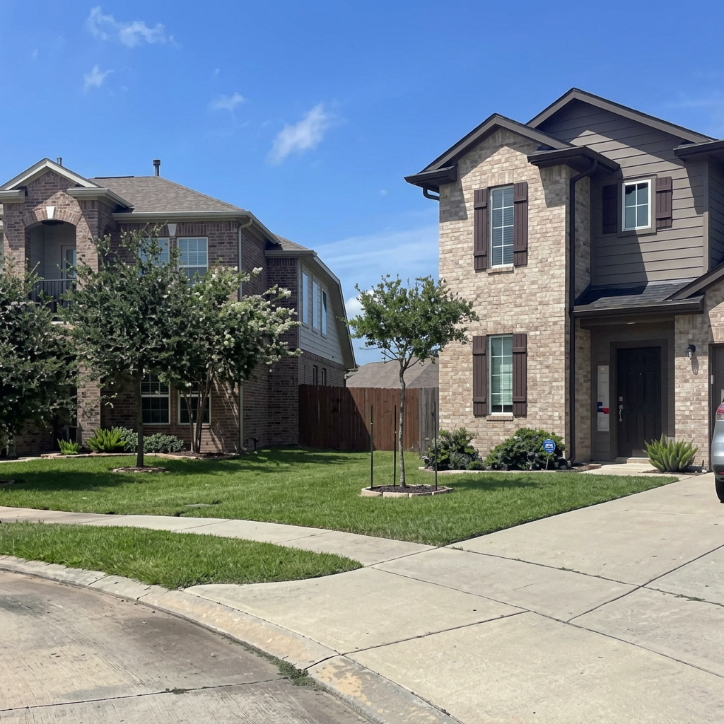Street view of two homes with freshly cut lawns