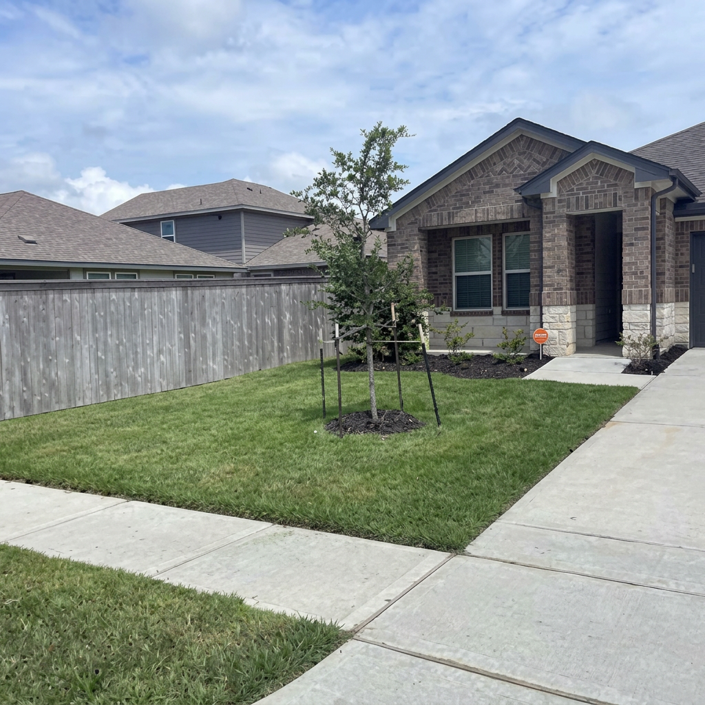 Crisply edged side yard beside a brick home