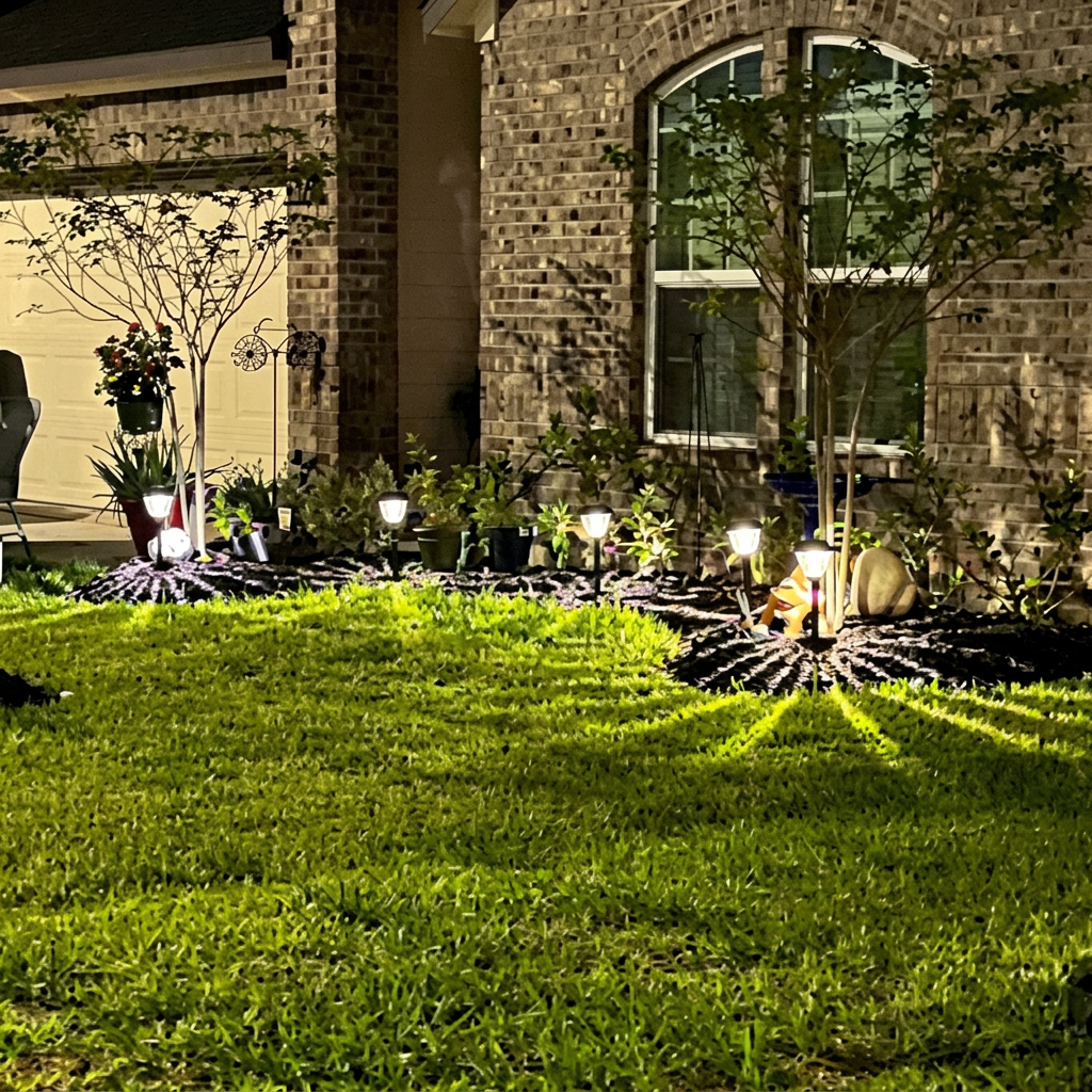 Path lights glowing along a mulched flower bed at night