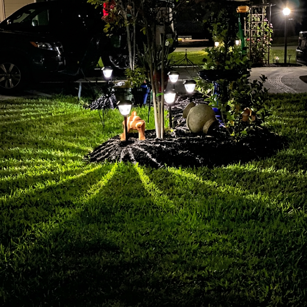 Landscape lights illuminating a mulched island bed at night