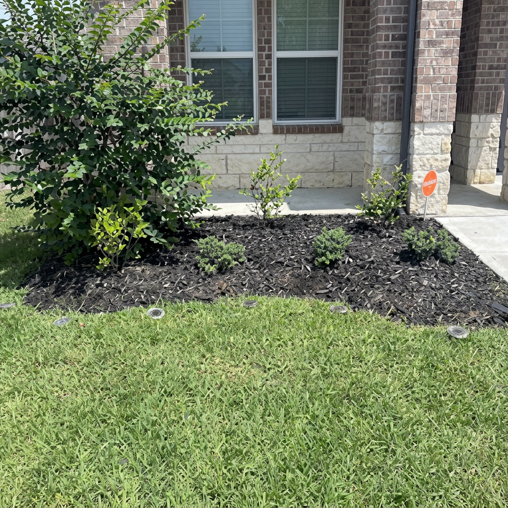 Fresh mulch bed with trimmed shrubs along a brick wall