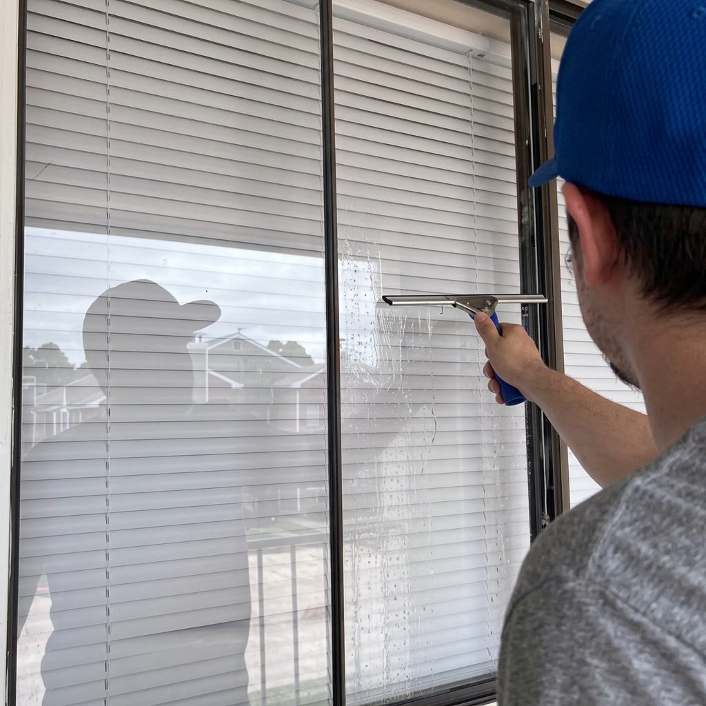 Technician squeegeeing a residential window clean